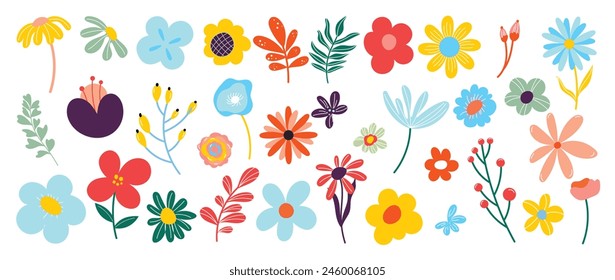 Collection of spring colorful flower elements vector. Set floral of wildflower, leaf branch, foliage on white background. Hand drawn blossom illustration for decor, easter, sticker, clipart, print.