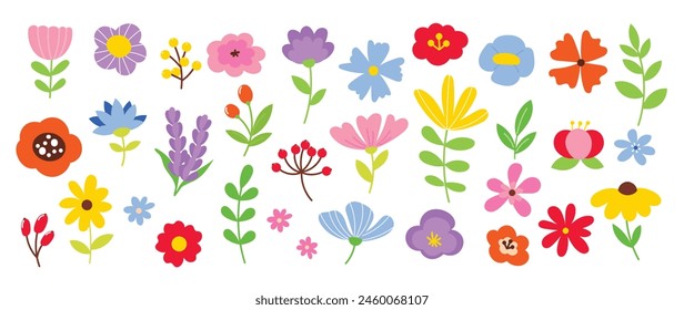 Collection of spring colorful flower elements vector. Set floral of wildflower, leaf branch, foliage on white background. Hand drawn blossom illustration for decor, easter, sticker, clipart, print.