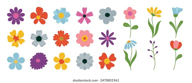 Collection of spring colorful flower elements vector. Set floral of wildflower, leaf branch, foliage on white background. Hand drawn blossom illustration for decor, easter, thanksgiving, clipart.