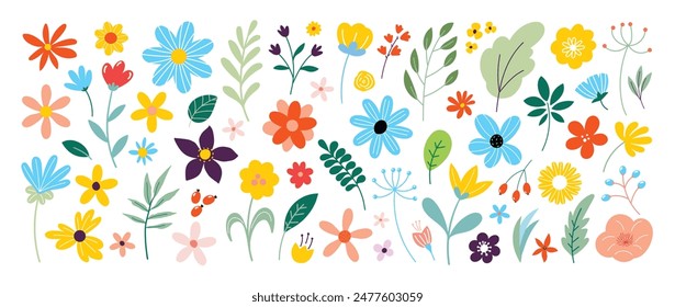 collection of spring colorful flower elements vector. Set floral of wildflower, leaf branch, foliage on white background. Hand drawn blossom illustration for decor, easter, sticker, clipart, print.