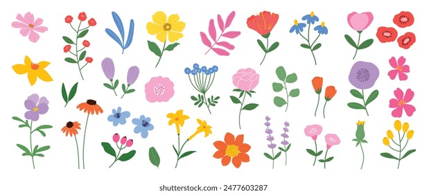 Collection of spring colorful flower elements vector. Set floral of wildflower, leaf branch, foliage on white background. Hand drawn blossom illustration for decor, easter, sticker, clipart, print.