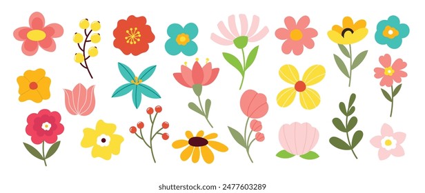 Collection of spring colorful flower elements vector. Set floral of wildflower, leaf branch, foliage on white background. Hand drawn blossom illustration for decor, easter, sticker, clipart, print.