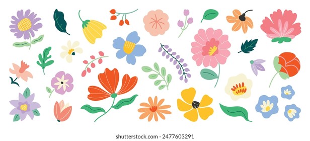 Collection of spring colorful flower elements vector. Set floral of wildflower, leaf branch, foliage on white background. Hand drawn blossom illustration for decor, easter, sticker, clipart, print.