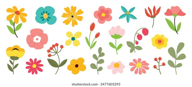 Collection of spring colorful flower elements vector. Set floral of wildflower, leaf branch, foliage on white background. Hand drawn blossom illustration for decor, easter, sticker, clipart, print.