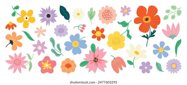 Collection of spring colorful flower elements vector. Set floral of wildflower, leaf branch, foliage on white background. Hand drawn blossom illustration for decor, easter, sticker, clipart, print.