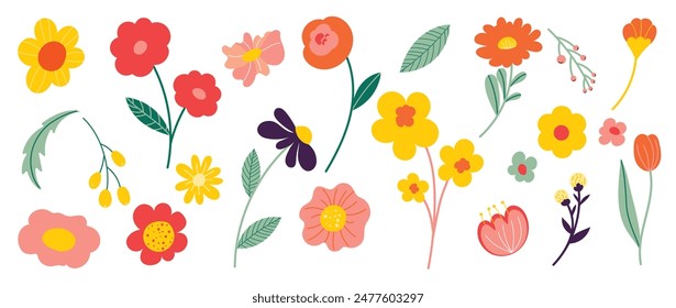 Collection of spring colorful flower elements vector. Set floral of wildflower, leaf branch, foliage on white background. Hand drawn blossom illustration for decor, easter, sticker, clipart, print.