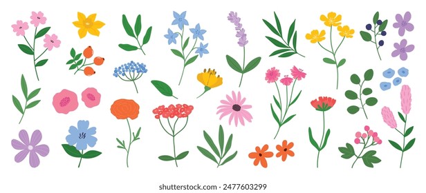 Collection of spring colorful flower elements vector. Set floral of wildflower, leaf branch, foliage on white background. Hand drawn blossom illustration for decor, easter, sticker, clipart, print.