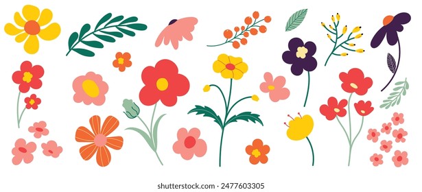 Collection of spring colorful flower elements vector. Set floral of wildflower, leaf branch, foliage on white background. Hand drawn blossom illustration for decor, easter, sticker, clipart, print.