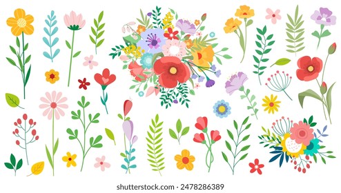 Collection of spring colorful flower elements vector. Set floral of wildflower, leaf branch, foliage on white background. Hand drawn blossom illustration for decor, easter, thanksgiving, clipart