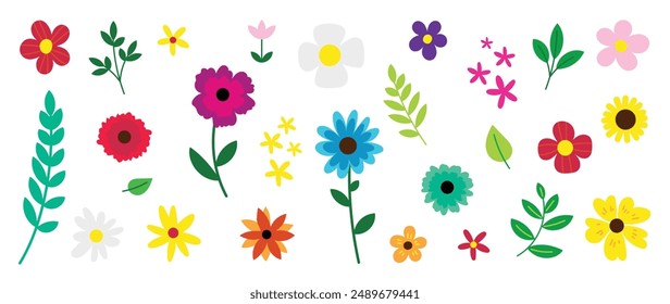 Collection of spring colorful flower elements vector. Set floral of wildflower, leaf branch, foliage on white background. Hand drawn blossom illustration for decor, easter, sticker, clipart, print.