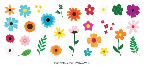 Collection of spring colorful flower elements vector. Set floral of wildflower, leaf branch, foliage on white background. Hand drawn blossom illustration for decor, easter, sticker, clipart, print.