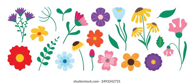 Collection of spring colorful flower elements vector. Set floral of wildflower, leaf branch, foliage on white background. Hand drawn blossom illustration for decor, easter, sticker, clipart, print.