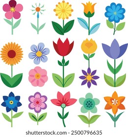 Collection of spring colorful flower elements vector. Set floral of wildflower, leaf branch, foliage on white background. Hand drawn blossom illustration for decor, easter, thanksgiving, clipart......