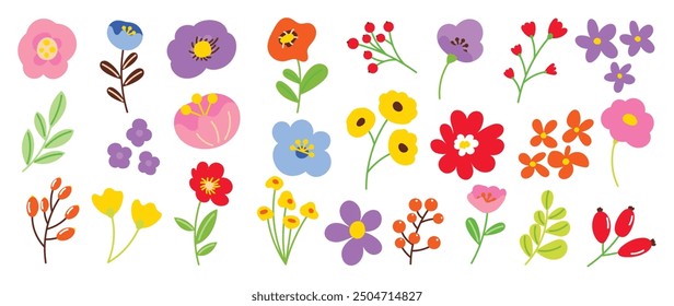 Collection of spring colorful flower elements vector. Set floral of wildflower, leaf branch, foliage on white background. Hand drawn blossom illustration for decor, easter, thanksgiving, clipart.