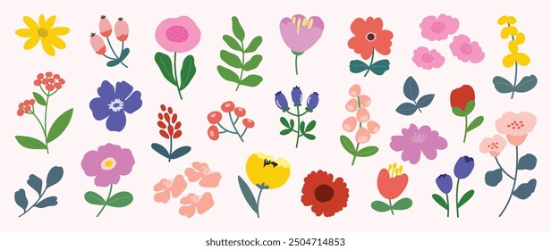 Collection of spring colorful flower elements vector. Set floral of wildflower, leaf branch, foliage on white background. Hand drawn blossom illustration for decor, easter, thanksgiving, clipart.