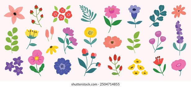 Collection of spring colorful flower elements vector. Set floral of wildflower, leaf branch, foliage on white background. Hand drawn blossom illustration for decor, easter, thanksgiving, clipart.