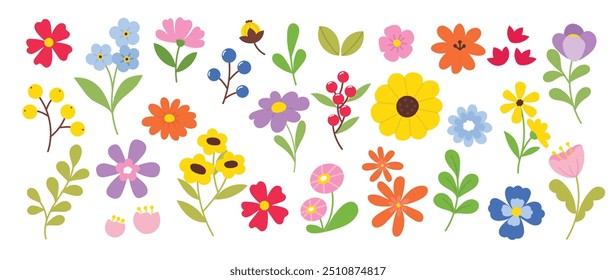 Collection of spring colorful flower elements vector. Set floral of wildflower, leaf branch, foliage on white background. Hand drawn blossom illustration for decor, easter, thanksgiving, clipart.