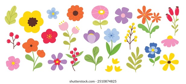 Collection of spring colorful flower elements vector. Set floral of wildflower, leaf branch, foliage on white background. Hand drawn blossom illustration for decor, easter, thanksgiving, clipart.