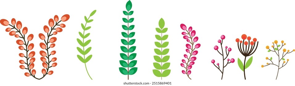 Collection of spring colorful flower elements vector. Set floral of wildflower, leaf branch, foliage on white background. Hand drawn blossom illustration for decor, easter, sticker, clipart.eps10