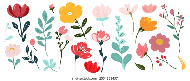 Collection of spring colorful flower elements vector. Set floral of wildflower, leaf branch, foliage on white background. Hand drawn blossom illustration for decor, easter, sticker, clipart, print.