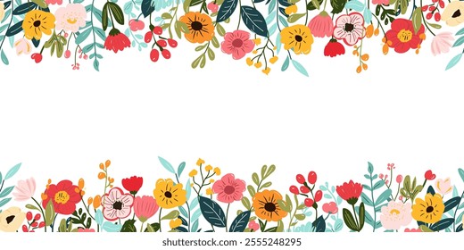 Collection of spring colorful flower elements vector. Floral boarder of wildflower, leaf branch, foliage on white background. Hand drawn blossom illustration for decor, easter, sticker, clipart