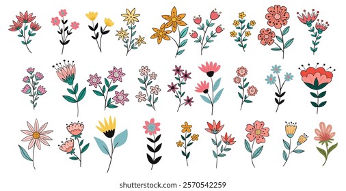 Collection of spring colorful flower elements vector. Set floral of wildflower, leaf branch, foliage on white background. Hand drawn blossom illustration for decor, easter, sticker, clipart, print.