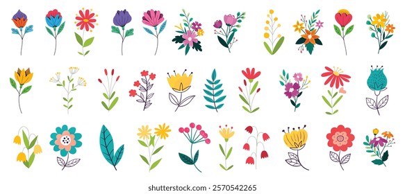 Collection of spring colorful flower elements vector. Set floral of wildflower, leaf branch, foliage on white background. Hand drawn blossom illustration for decor, easter, sticker, clipart, print.