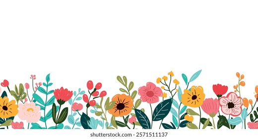 Collection of spring colorful flower elements vector. Floral boarder of wildflower, leaf branch, foliage on white background. Hand drawn blossom illustration for decor, easter, sticker, clipart