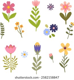 Collection of spring colorful flower elements vector. Beautiful romantic flower set. Spring art print with botanical elements.