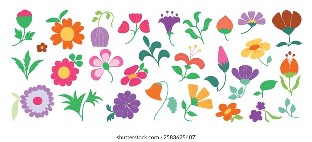 Collection of spring colorful flower elements vector. Set floral of wildflower, leaf branch, foliage on white background. Hand drawn blossom illustration for decor, easter, thanksgiving, clipart.