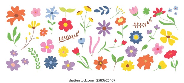 Collection of spring colorful flower elements vector. Set floral of wildflower, leaf branch, foliage on white background. Hand drawn blossom illustration for decor, easter, thanksgiving, clipart.