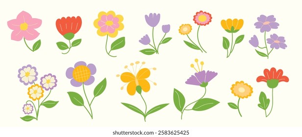 Collection of spring colorful flower elements vector. Set floral of wildflower, leaf branch, foliage on white background. Hand drawn blossom illustration for decor, easter, thanksgiving, clipart.