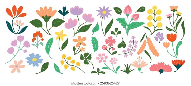 Collection of spring colorful flower elements vector. Set floral of wildflower, leaf branch, foliage on white background. Hand drawn blossom illustration for decor, easter, thanksgiving, clipart.