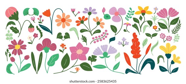 Collection of spring colorful flower elements vector. Set floral of wildflower, leaf branch, foliage on white background. Hand drawn blossom illustration for decor, easter, thanksgiving, clipart.