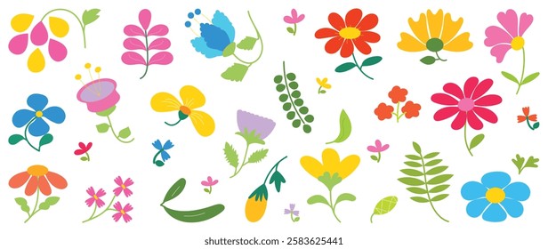 Collection of spring colorful flower elements vector. Set floral of wildflower, leaf branch, foliage on white background. Hand drawn blossom illustration for decor, easter, thanksgiving, clipart.