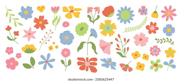 Collection of spring colorful flower elements vector. Set floral of wildflower, leaf branch, foliage on white background. Hand drawn blossom illustration for decor, easter, thanksgiving, clipart.