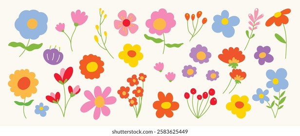 Collection of spring colorful flower elements vector. Set floral of wildflower, leaf branch, foliage on white background. Hand drawn blossom illustration for decor, easter, thanksgiving, clipart.