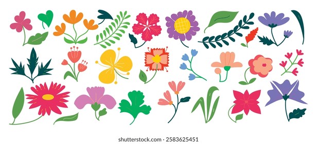 Collection of spring colorful flower elements vector. Set floral of wildflower, leaf branch, foliage on white background. Hand drawn blossom illustration for decor, easter, thanksgiving, clipart.