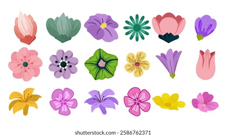 Collection of spring colorful flower elements vector. Set floral of wildflower, leaf branch, foliage on white background. Hand drawn blossom illustration for decor, easter, thanksgiving.