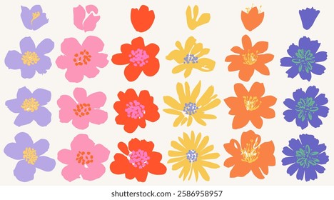 Collection of spring colorful flower elements vector. Set floral of wildflower, foliage on white background. Hand drawn blossom illustration for decor, poster, sticker, clipart, print and pattern.