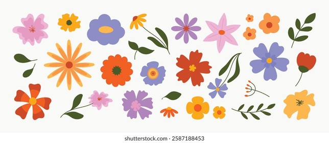 Collection of spring colorful flower elements vector. Set floral of wildflower, leaf branch, foliage on white background. Hand drawn blossom illustration for decor, easter, thanksgiving, clipart.