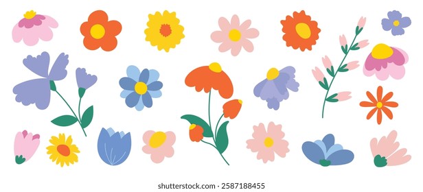 Collection of spring colorful flower elements vector. Set floral of wildflower, leaf branch, foliage on white background. Hand drawn blossom illustration for decor, easter, thanksgiving, clipart.