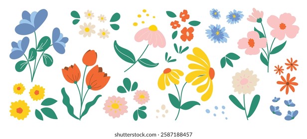 Collection of spring colorful flower elements vector. Set floral of wildflower, leaf branch, foliage on white background. Hand drawn blossom illustration for decor, easter, thanksgiving, clipart.