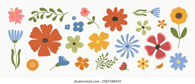 Collection of spring colorful flower elements vector. Set floral of wildflower, leaf branch, foliage on white background. Hand drawn blossom illustration for decor, easter, thanksgiving, clipart.