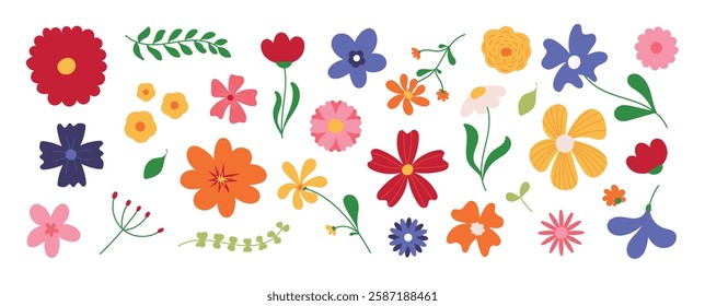 Collection of spring colorful flower elements vector. Set floral of wildflower, leaf branch, foliage on white background. Hand drawn blossom illustration for decor, easter, thanksgiving, clipart.