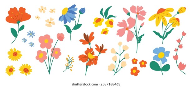 Collection of spring colorful flower elements vector. Set floral of wildflower, leaf branch, foliage on white background. Hand drawn blossom illustration for decor, easter, thanksgiving, clipart.