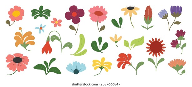 Collection of spring colorful flower elements vector. Set floral of wildflower, leaf branch, foliage on white background. Hand drawn blossom illustration for decor, easter, thanksgiving, clipart.