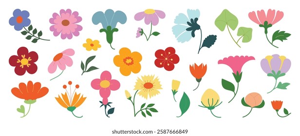 Collection of spring colorful flower elements vector. Set floral of wildflower, leaf branch, foliage on white background. Hand drawn blossom illustration for decor, easter, thanksgiving, clipart.