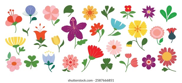 Collection of spring colorful flower elements vector. Set floral of wildflower, leaf branch, foliage on white background. Hand drawn blossom illustration for decor, easter, thanksgiving, clipart.