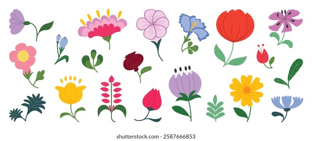 Collection of spring colorful flower elements vector. Set floral of wildflower, leaf branch, foliage on white background. Hand drawn blossom illustration for decor, easter, thanksgiving, clipart.